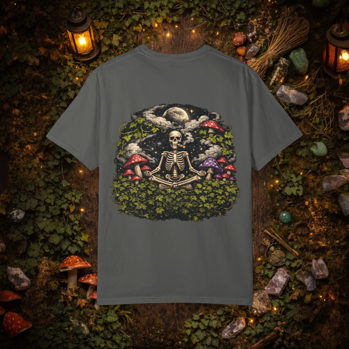 StonerzPatch Supply Co Skeleton Meditation Mushroom Forest Graphic T-Shirt