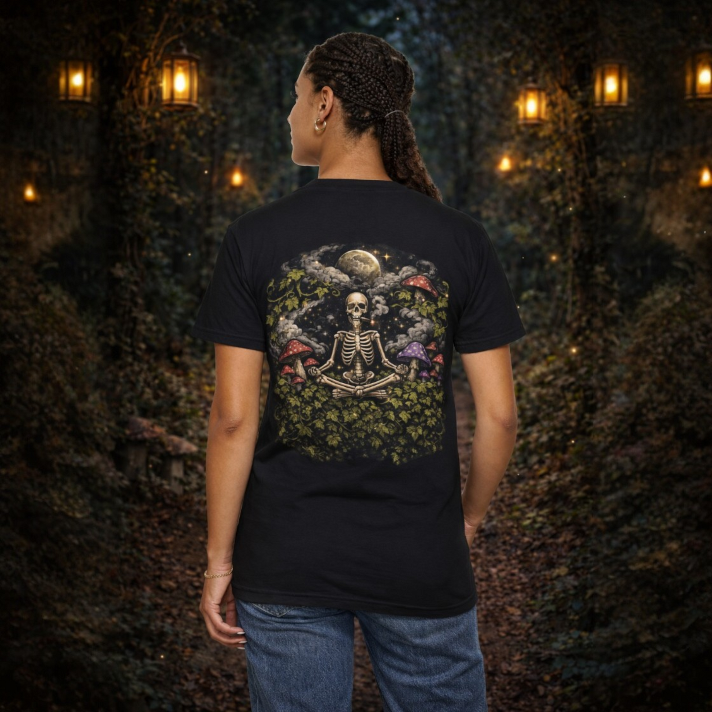 StonerzPatch Supply Co Skeleton Meditation Mushroom Forest Graphic T-Shirt