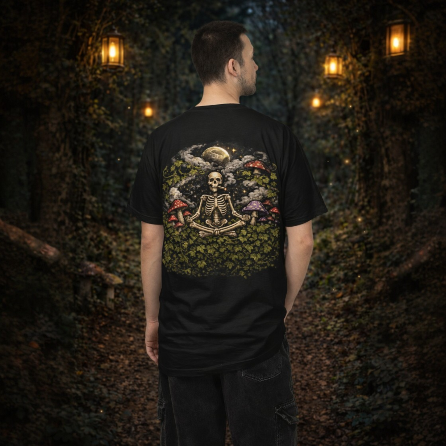 StonerzPatch Supply Co Skeleton Meditation Mushroom Forest Graphic T-Shirt