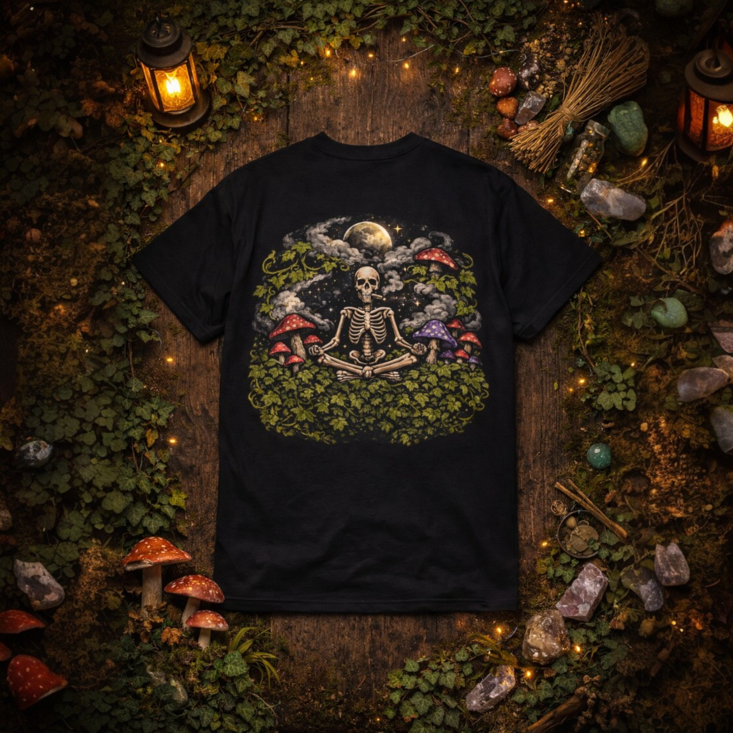 StonerzPatch Supply Co Skeleton Meditation Mushroom Forest Graphic T-Shirt