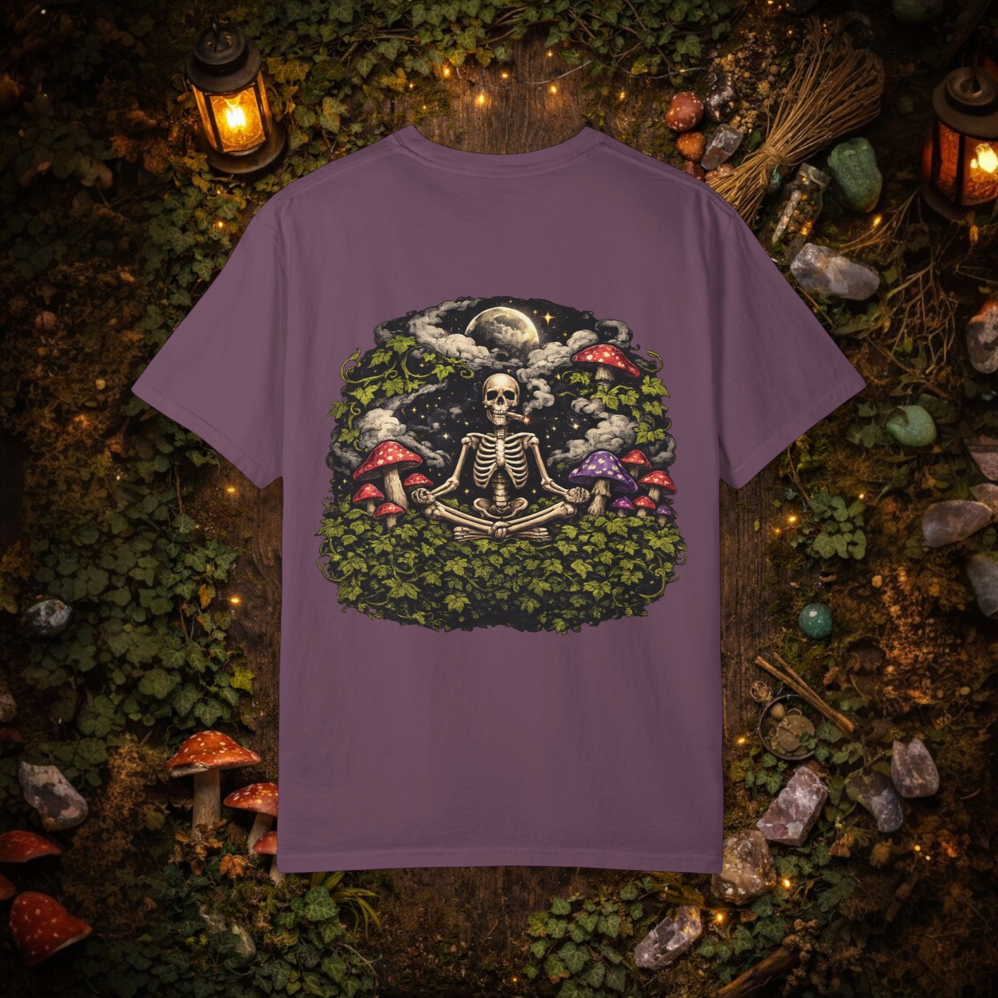 StonerzPatch Supply Co Skeleton Meditation Mushroom Forest Graphic T-Shirt