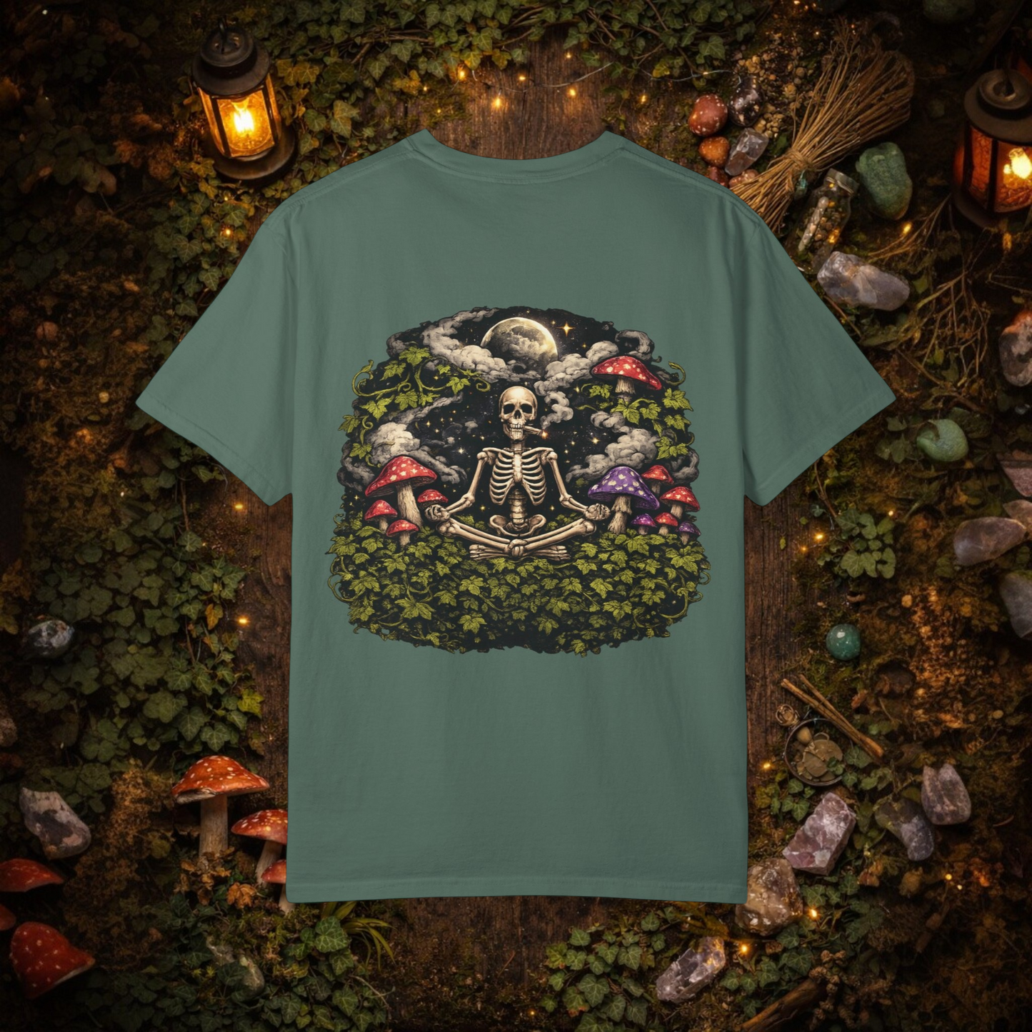 StonerzPatch Supply Co Skeleton Meditation Mushroom Forest Graphic T-Shirt