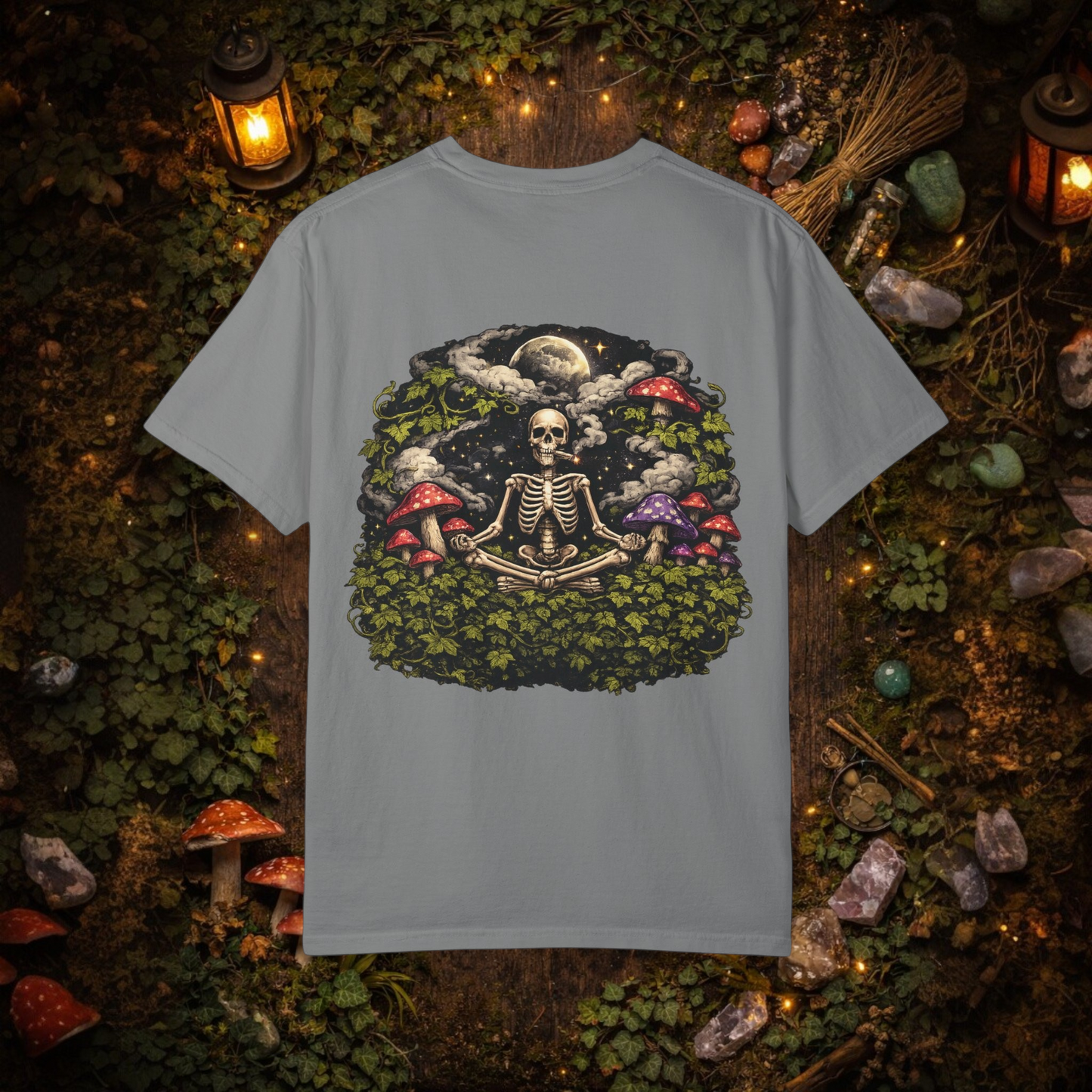 StonerzPatch Supply Co Skeleton Meditation Mushroom Forest Graphic T-Shirt