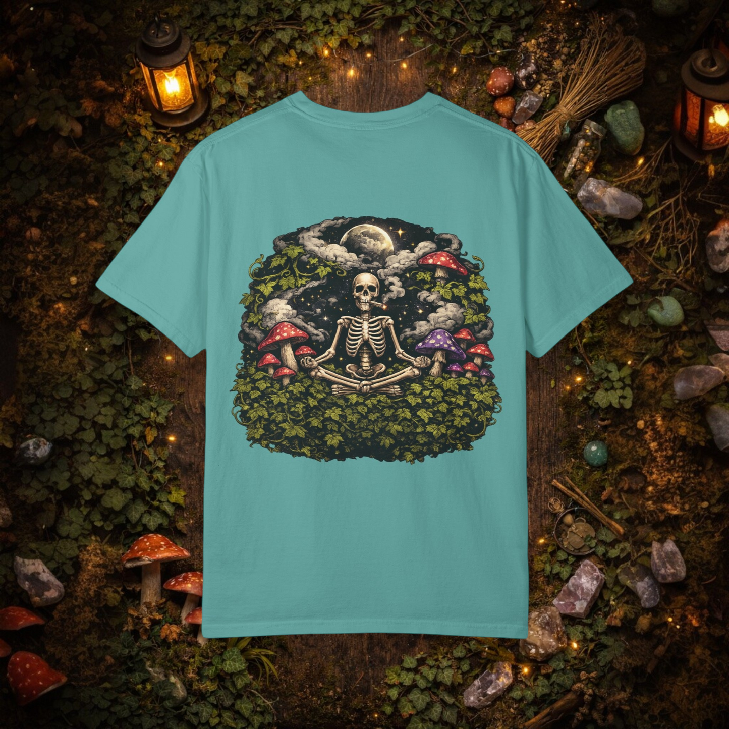 StonerzPatch Supply Co Skeleton Meditation Mushroom Forest Graphic T-Shirt