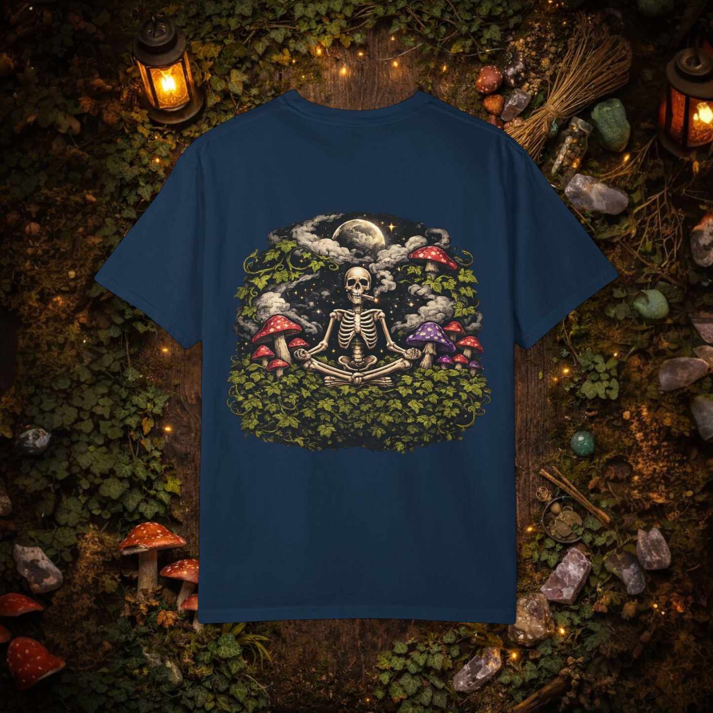 StonerzPatch Supply Co Skeleton Meditation Mushroom Forest Graphic T-Shirt